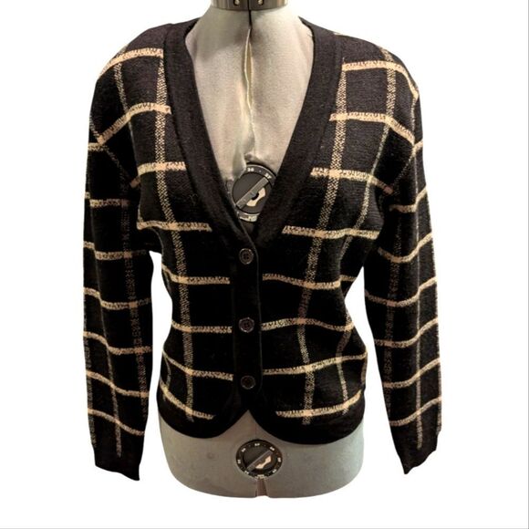 Anne Klein II women's vintage black and white striped wool knit cardigan sweater - Picture 1 of 5